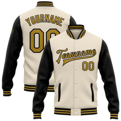 Custom Cream Old Gold-Black Bomber Full-Snap Varsity Letterman Two Tone Jacket