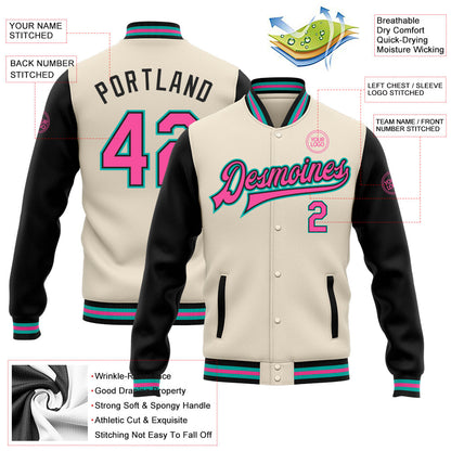 Custom Cream Pink Black-Aqua Bomber Full-Snap Varsity Letterman Two Tone Jacket