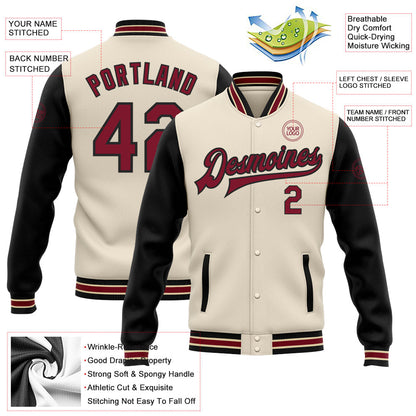 Custom Cream Crimson Black-City Cream Bomber Full-Snap Varsity Letterman Two Tone Jacket