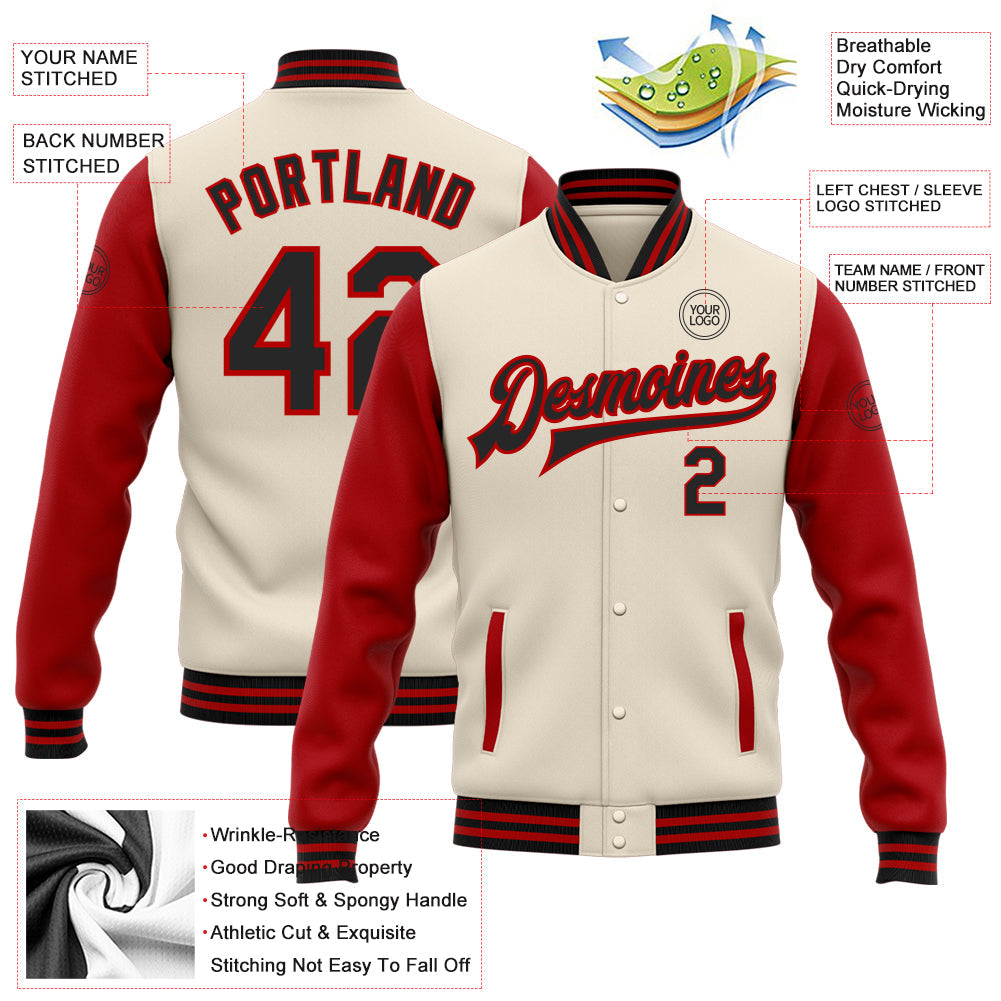 Custom Cream Black-Red Bomber Full-Snap Varsity Letterman Two Tone Jacket