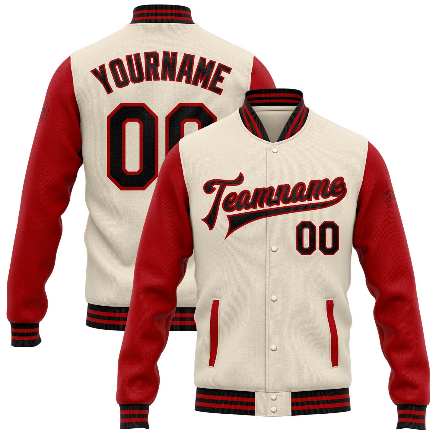 Custom Cream Black-Red Bomber Full-Snap Varsity Letterman Two Tone Jacket