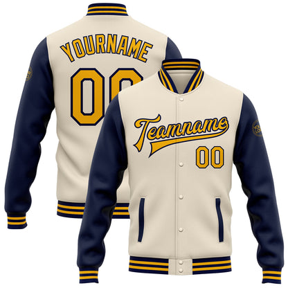 Custom Cream Gold-Navy Bomber Full-Snap Varsity Letterman Two Tone Jacket