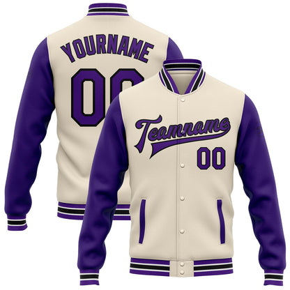 Custom Cream Purple-Black Bomber Full-Snap Varsity Letterman Two Tone Jacket