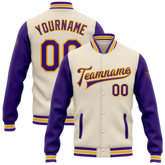 Custom Cream Purple-Gold Bomber Full-Snap Varsity Letterman Two Tone Jacket