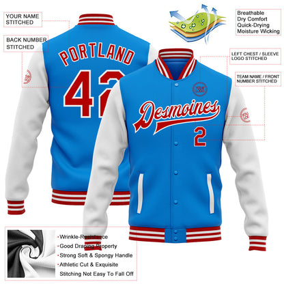 Custom Electric Blue Red-White Bomber Full-Snap Varsity Letterman Two Tone Jacket