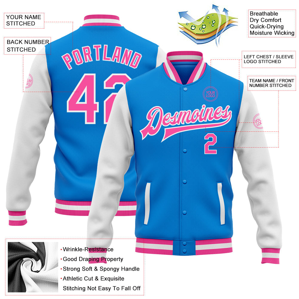 Custom Electric Blue Pink-White Bomber Full-Snap Varsity Letterman Two Tone Jacket