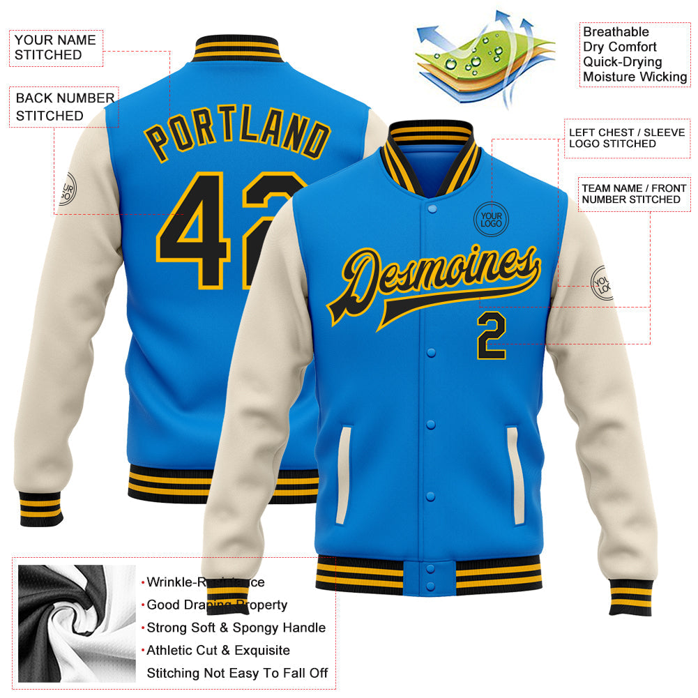 Custom Electric Blue Black Cream-Gold Bomber Full-Snap Varsity Letterman Two Tone Jacket