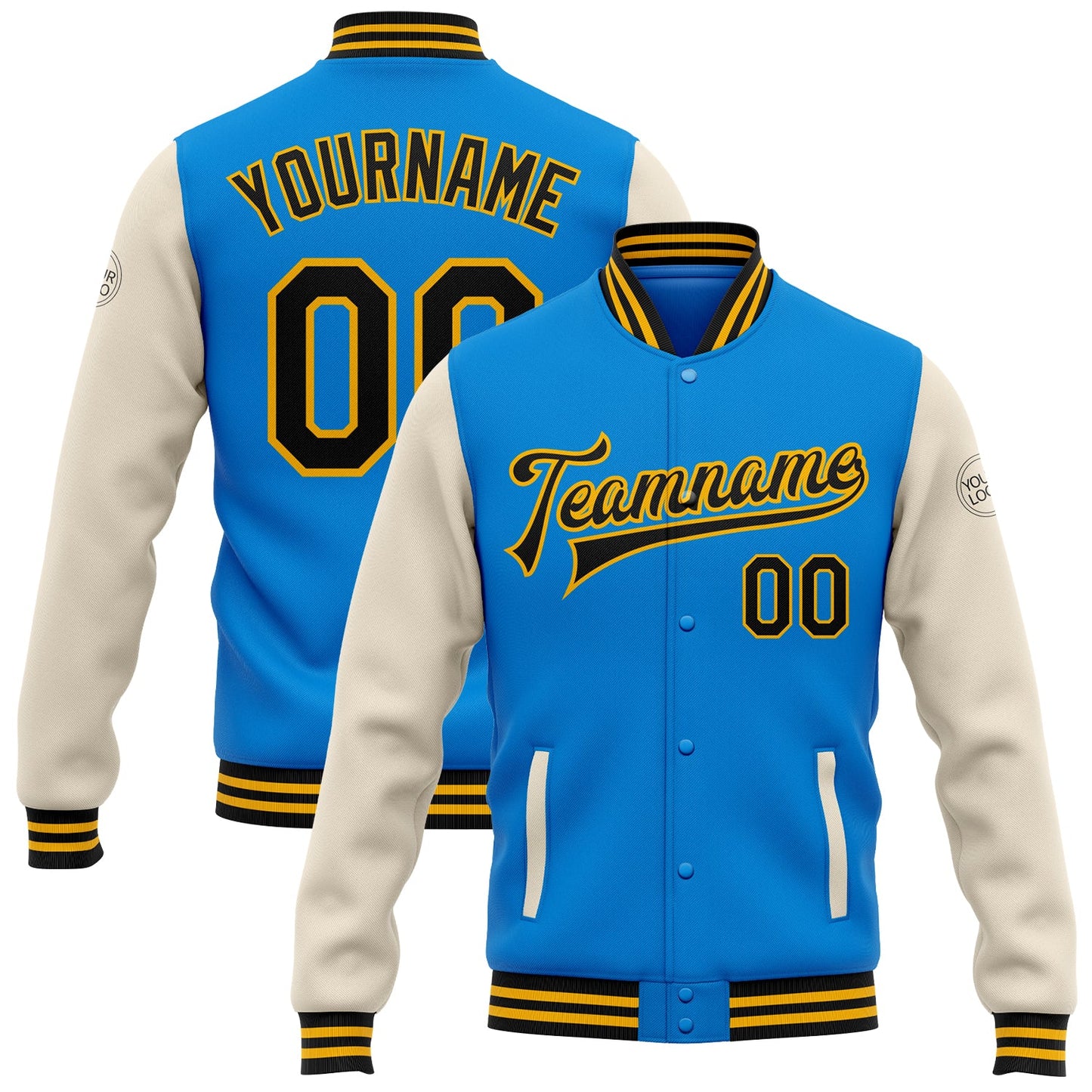 Custom Electric Blue Black Cream-Gold Bomber Full-Snap Varsity Letterman Two Tone Jacket