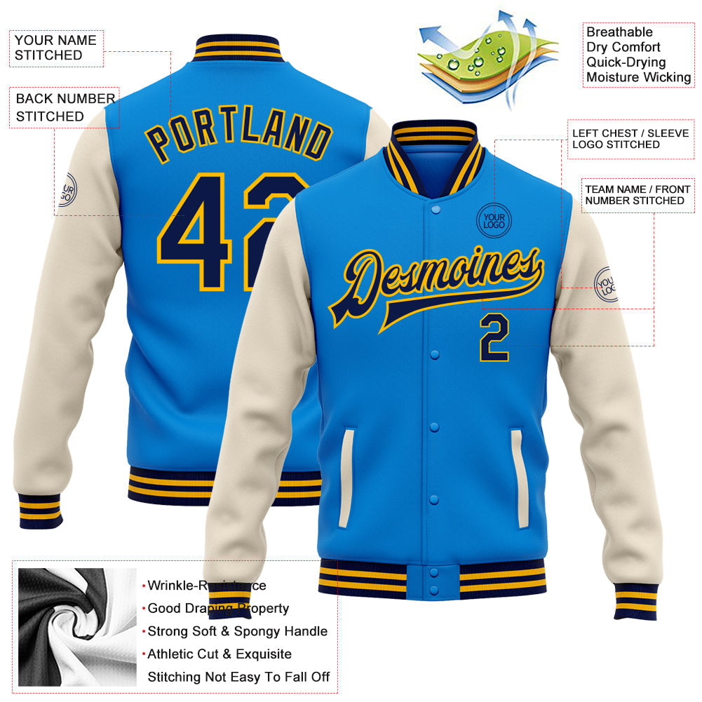 Custom Electric Blue Navy Cream-Gold Bomber Full-Snap Varsity Letterman Two Tone Jacket