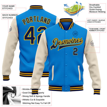 Custom Electric Blue Navy Cream-Gold Bomber Full-Snap Varsity Letterman Two Tone Jacket