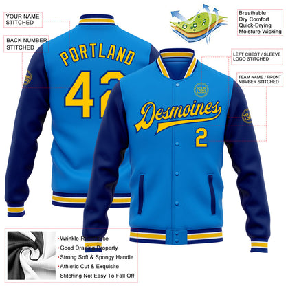 Custom Electric Blue Yellow-Royal Bomber Full-Snap Varsity Letterman Two Tone Jacket