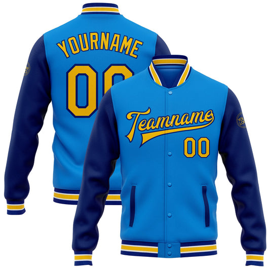 Custom Electric Blue Yellow-Royal Bomber Full-Snap Varsity Letterman Two Tone Jacket