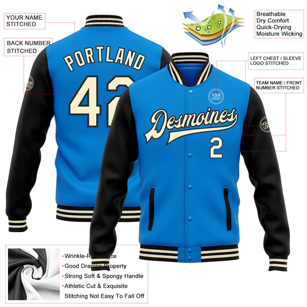 Custom Electric Blue Cream-Black Bomber Full-Snap Varsity Letterman Two Tone Jacket