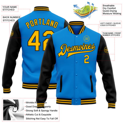 Custom Electric Blue Gold-Black Bomber Full-Snap Varsity Letterman Two Tone Jacket