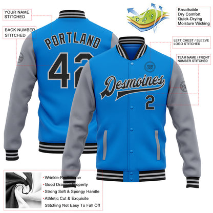 Custom Electric Blue Black-Gray Bomber Full-Snap Varsity Letterman Two Tone Jacket