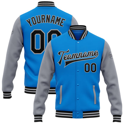 Custom Electric Blue Black-Gray Bomber Full-Snap Varsity Letterman Two Tone Jacket