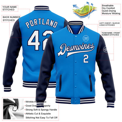 Custom Electric Blue White-Navy Bomber Full-Snap Varsity Letterman Two Tone Jacket