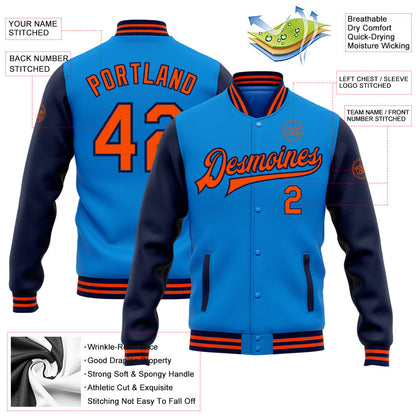 Custom Electric Blue Orange-Navy Bomber Full-Snap Varsity Letterman Two Tone Jacket