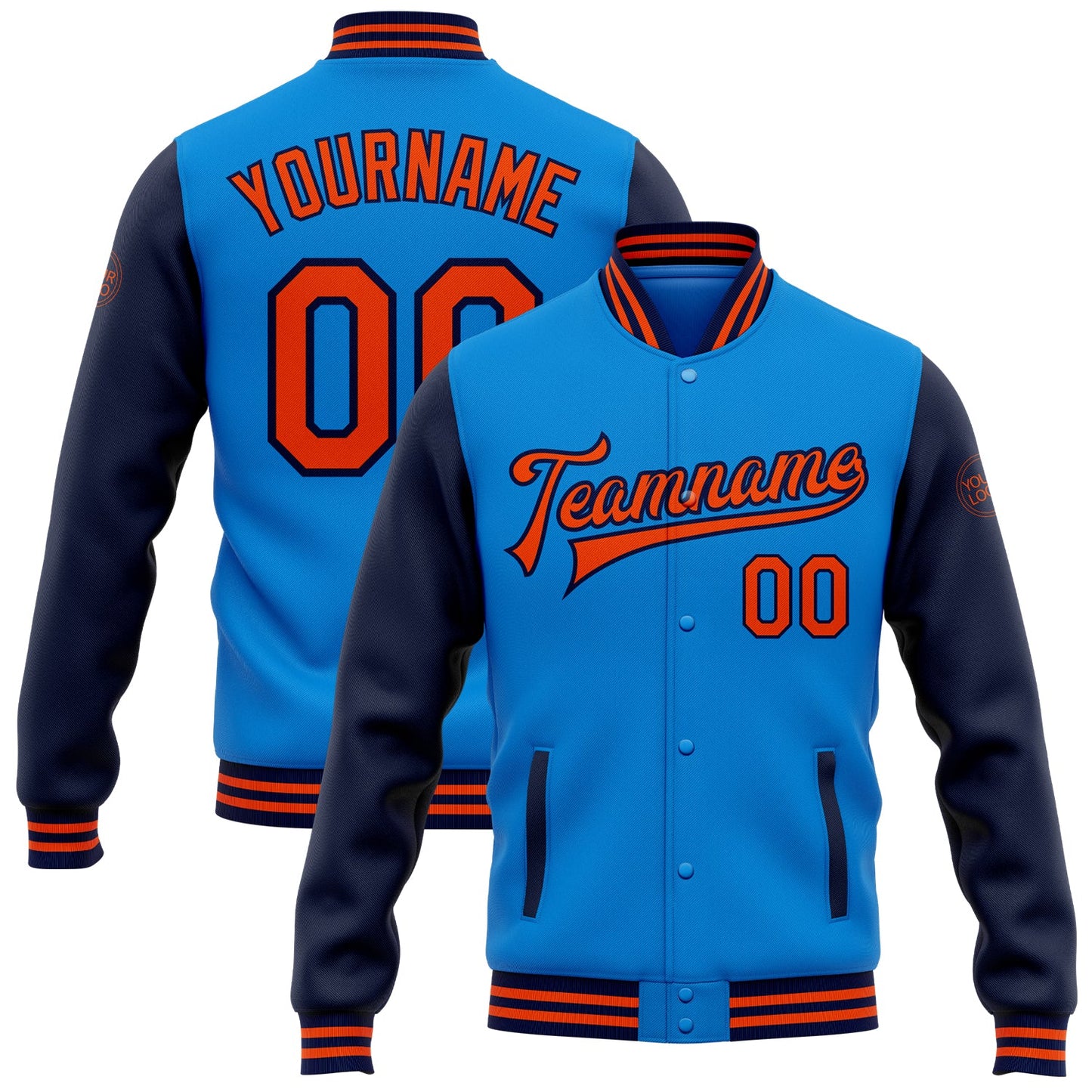 Custom Electric Blue Orange-Navy Bomber Full-Snap Varsity Letterman Two Tone Jacket