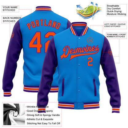 Custom Electric Blue Orange-Purple Bomber Full-Snap Varsity Letterman Two Tone Jacket