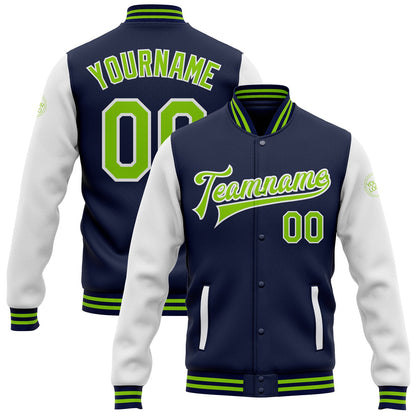 Custom Navy Neon Green-White Bomber Full-Snap Varsity Letterman Two Tone Jacket