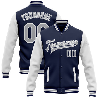 Custom Navy Gray-White Bomber Full-Snap Varsity Letterman Two Tone Jacket