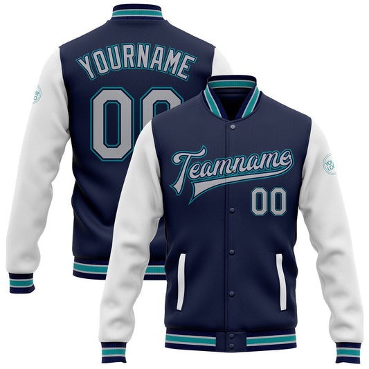 Custom Navy Gray White-Teal Bomber Full-Snap Varsity Letterman Two Tone Jacket