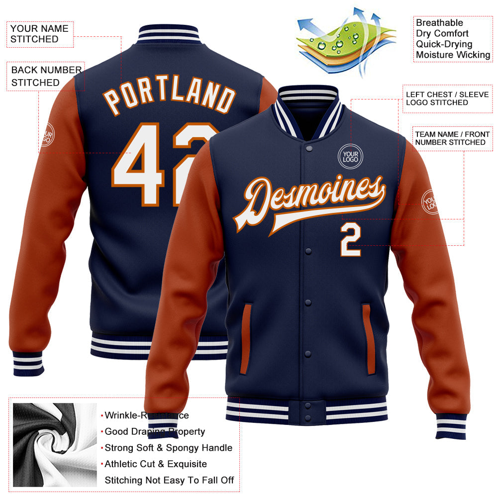 Custom Navy White-Texas Orange Bomber Full-Snap Varsity Letterman Two Tone Jacket