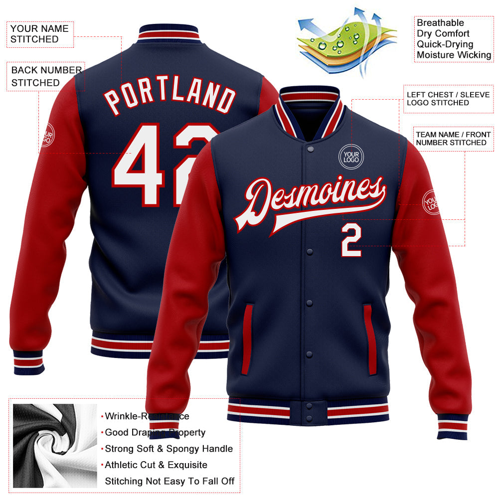 Custom Navy White-Red Bomber Full-Snap Varsity Letterman Two Tone Jacket