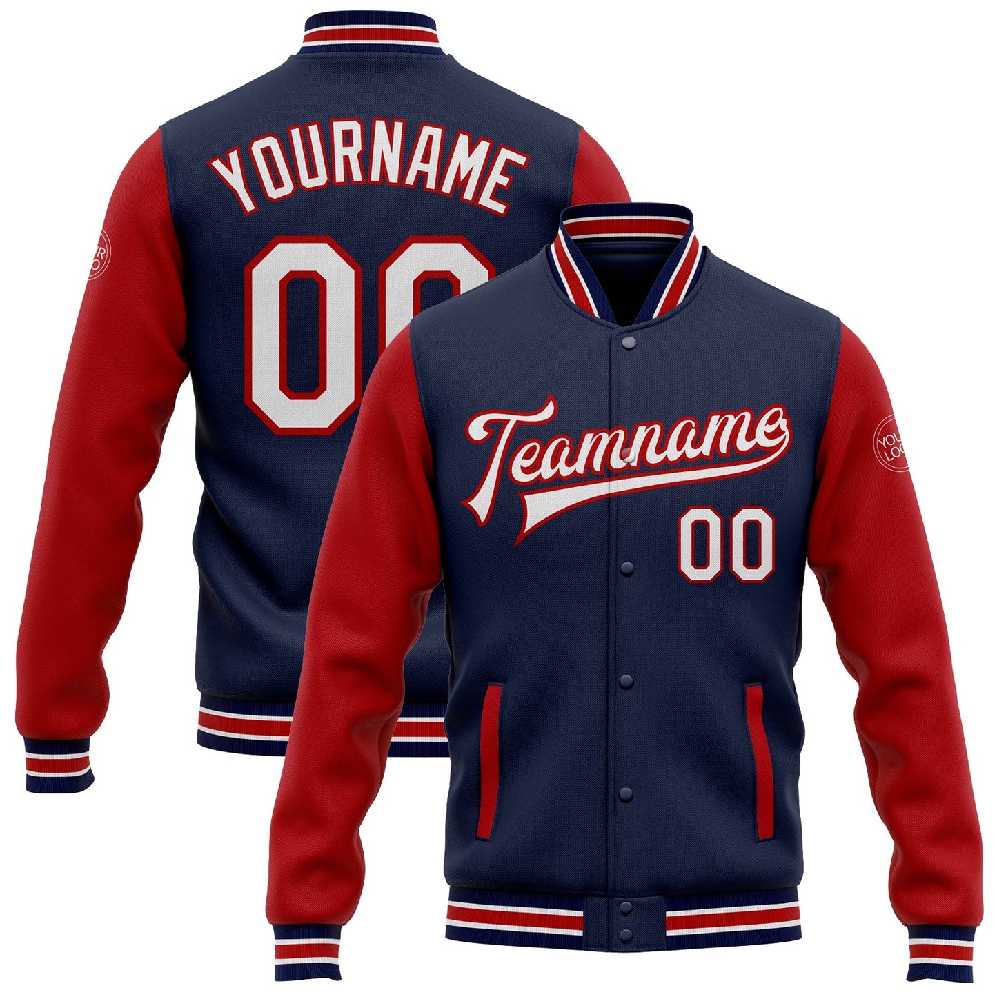 Custom Navy White-Red Bomber Full-Snap Varsity Letterman Two Tone Jacket