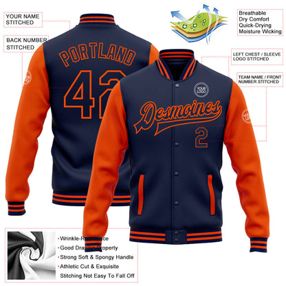 Custom Navy Orange Bomber Full-Snap Varsity Letterman Two Tone Jacket