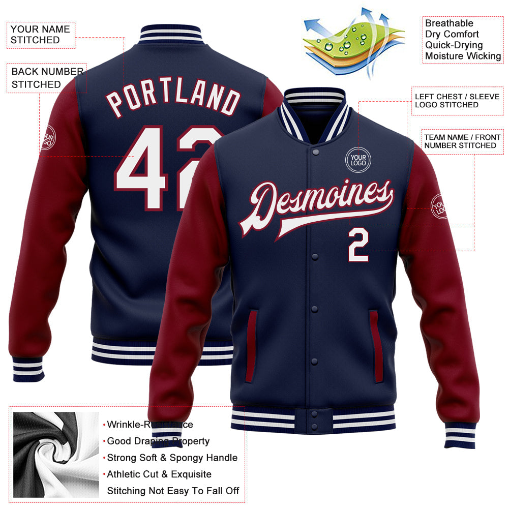 Custom Navy White-Crimson Bomber Full-Snap Varsity Letterman Two Tone Jacket