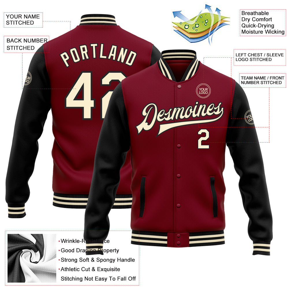 Custom Crimson Cream-Black Bomber Full-Snap Varsity Letterman Two Tone Jacket