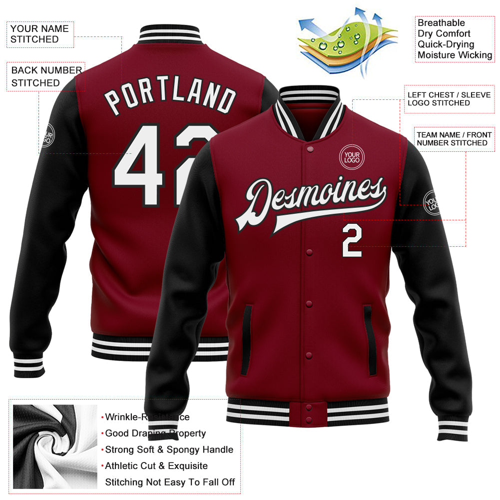 Custom Crimson White-Black Bomber Full-Snap Varsity Letterman Two Tone Jacket