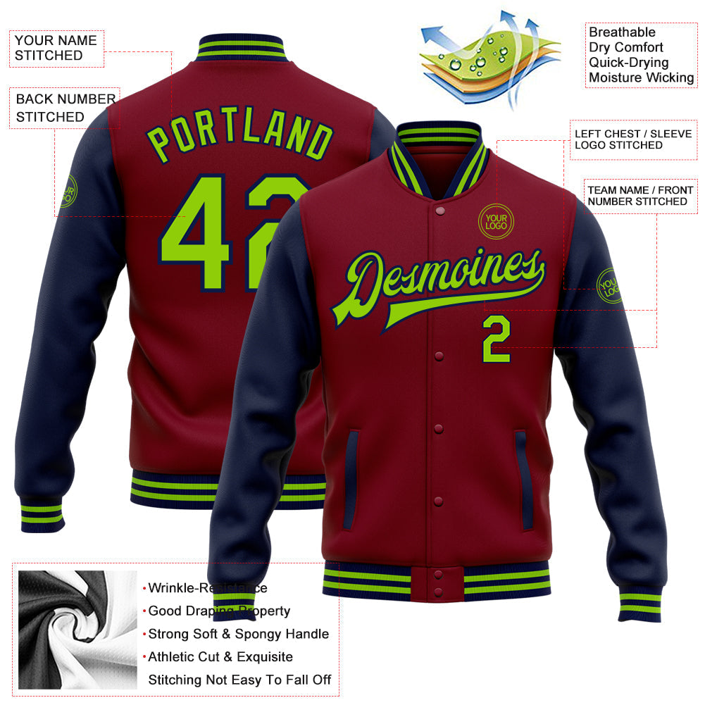 Custom Crimson Neon Green-Navy Bomber Full-Snap Varsity Letterman Two Tone Jacket