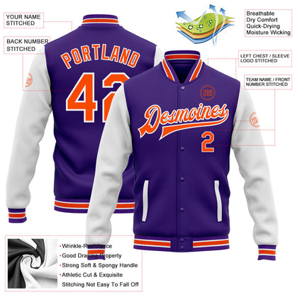 Custom Purple Orange-White Bomber Full-Snap Varsity Letterman Two Tone Jacket