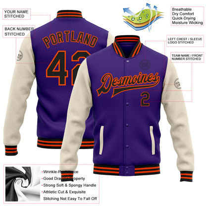 Custom Purple Black Cream-Orange Bomber Full-Snap Varsity Letterman Two Tone Jacket