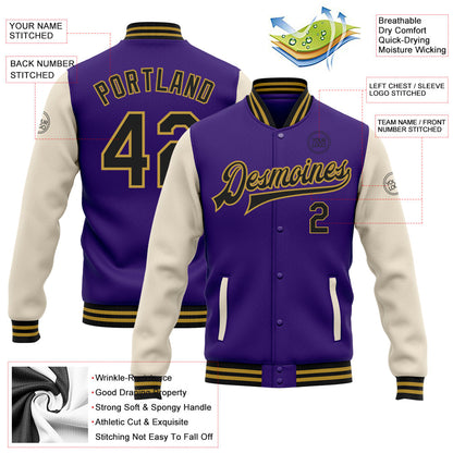 Custom Purple Black Cream-Old Gold Bomber Full-Snap Varsity Letterman Two Tone Jacket