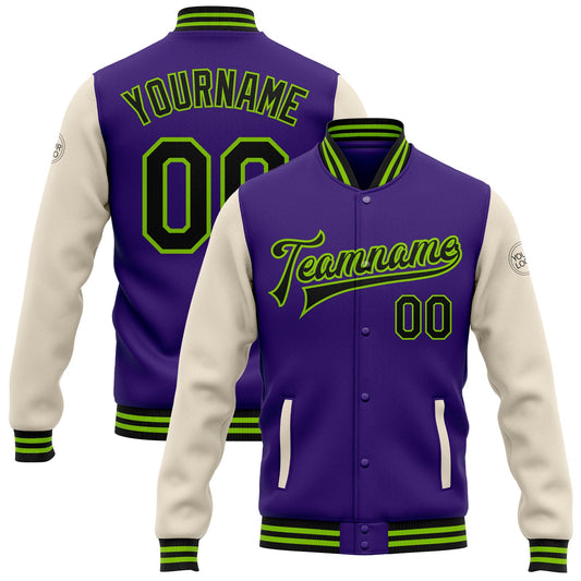 Custom Purple Black Cream-Neon Green Bomber Full-Snap Varsity Letterman Two Tone Jacket