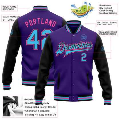 Custom Purple Sky Blue Black-Pink Bomber Full-Snap Varsity Letterman Two Tone Jacket