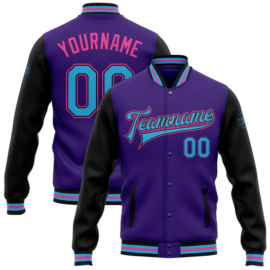 Custom Purple Sky Blue Black-Pink Bomber Full-Snap Varsity Letterman Two Tone Jacket