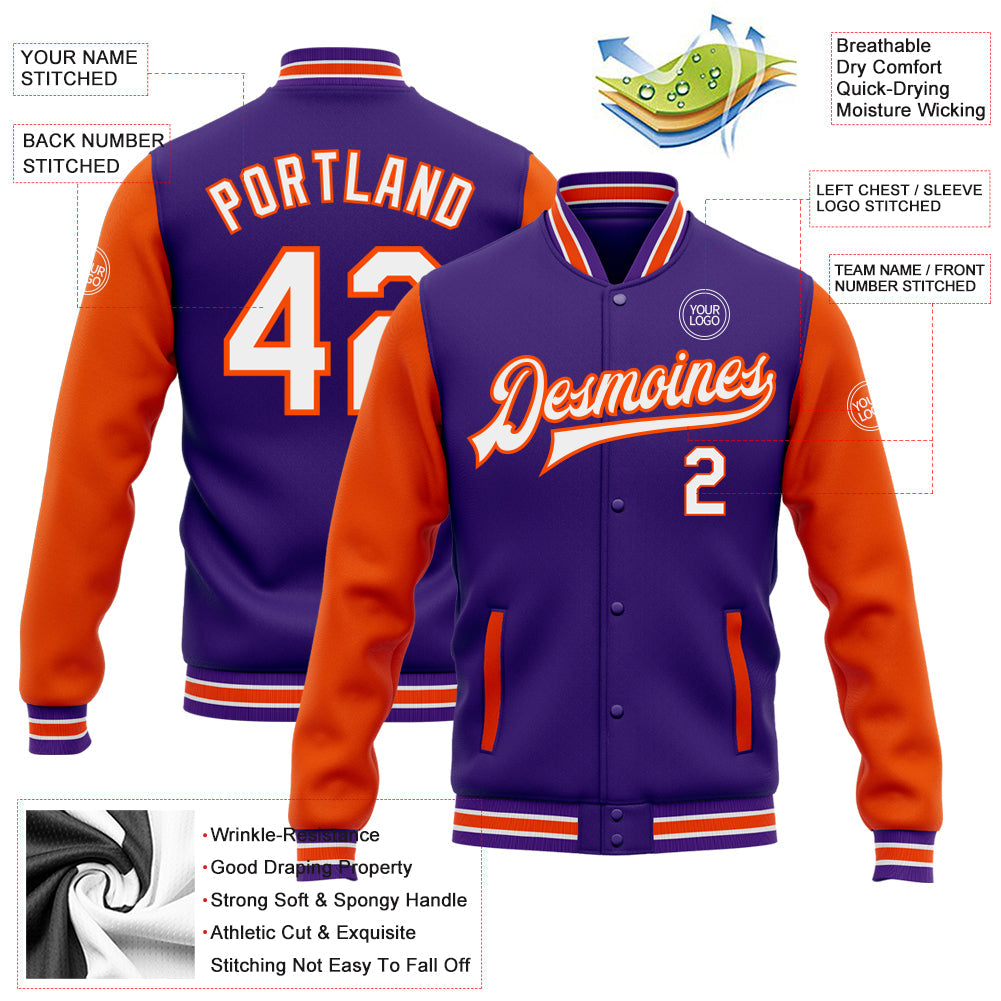 Custom Purple White-Orange Bomber Full-Snap Varsity Letterman Two Tone Jacket