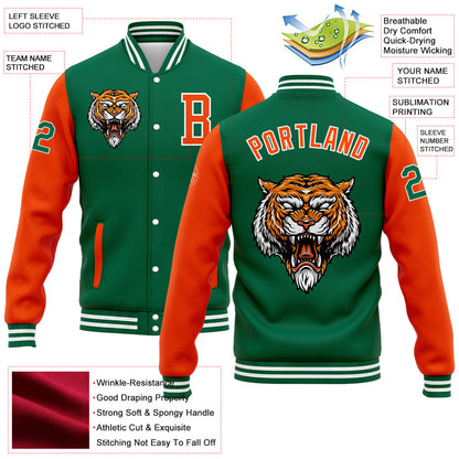 Custom Kelly Green Orange-White 3D Pattern Design Bomber Full-Snap Varsity Letterman Jacket