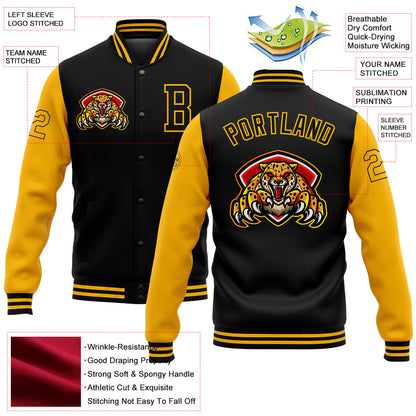 Custom Black Gold 3D Pattern Design Bomber Full-Snap Varsity Letterman Jacket