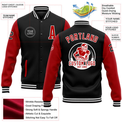 Custom Black Red-White Bomber Full-Snap Varsity Letterman Two Tone Jacket