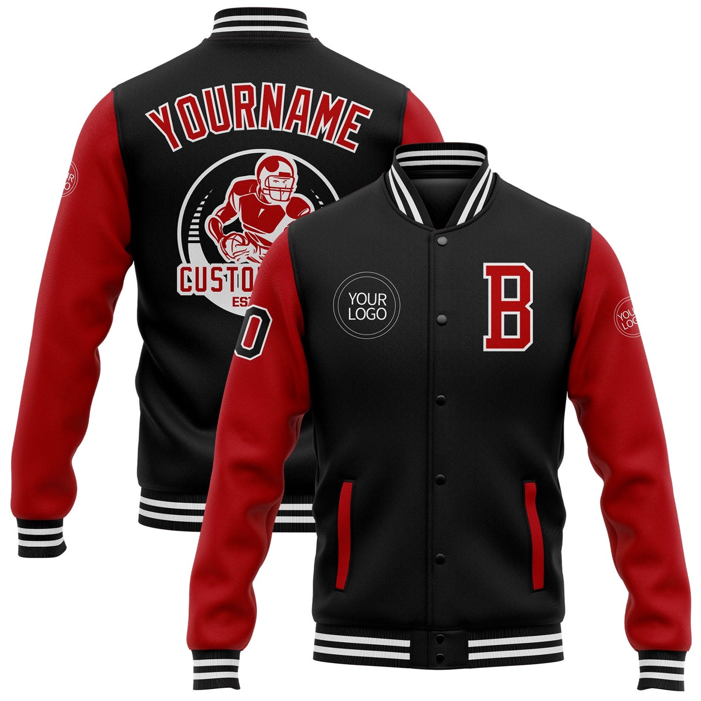 Custom Black Red-White Bomber Full-Snap Varsity Letterman Two Tone Jacket