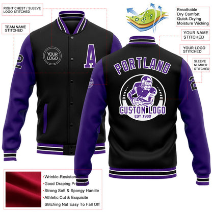 Custom Black Purple-White Bomber Full-Snap Varsity Letterman Two Tone Jacket