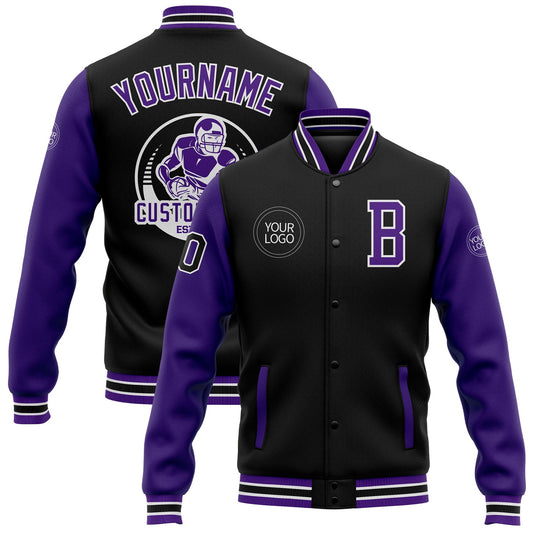 Custom Black Purple-White Bomber Full-Snap Varsity Letterman Two Tone Jacket