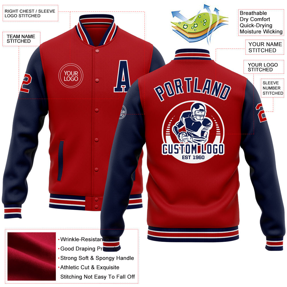 Custom Red Navy-White Bomber Full-Snap Varsity Letterman Two Tone Jacket