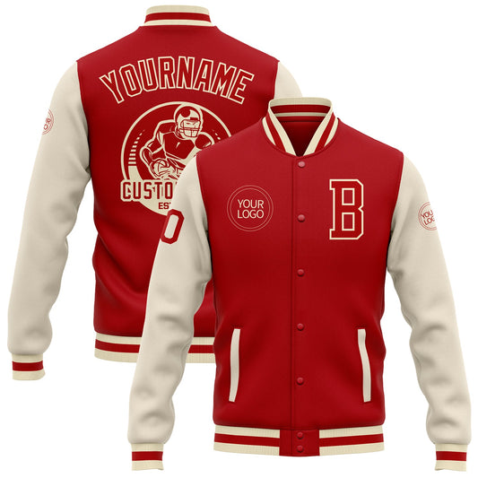 Custom Red Cream Bomber Full-Snap Varsity Letterman Two Tone Jacket